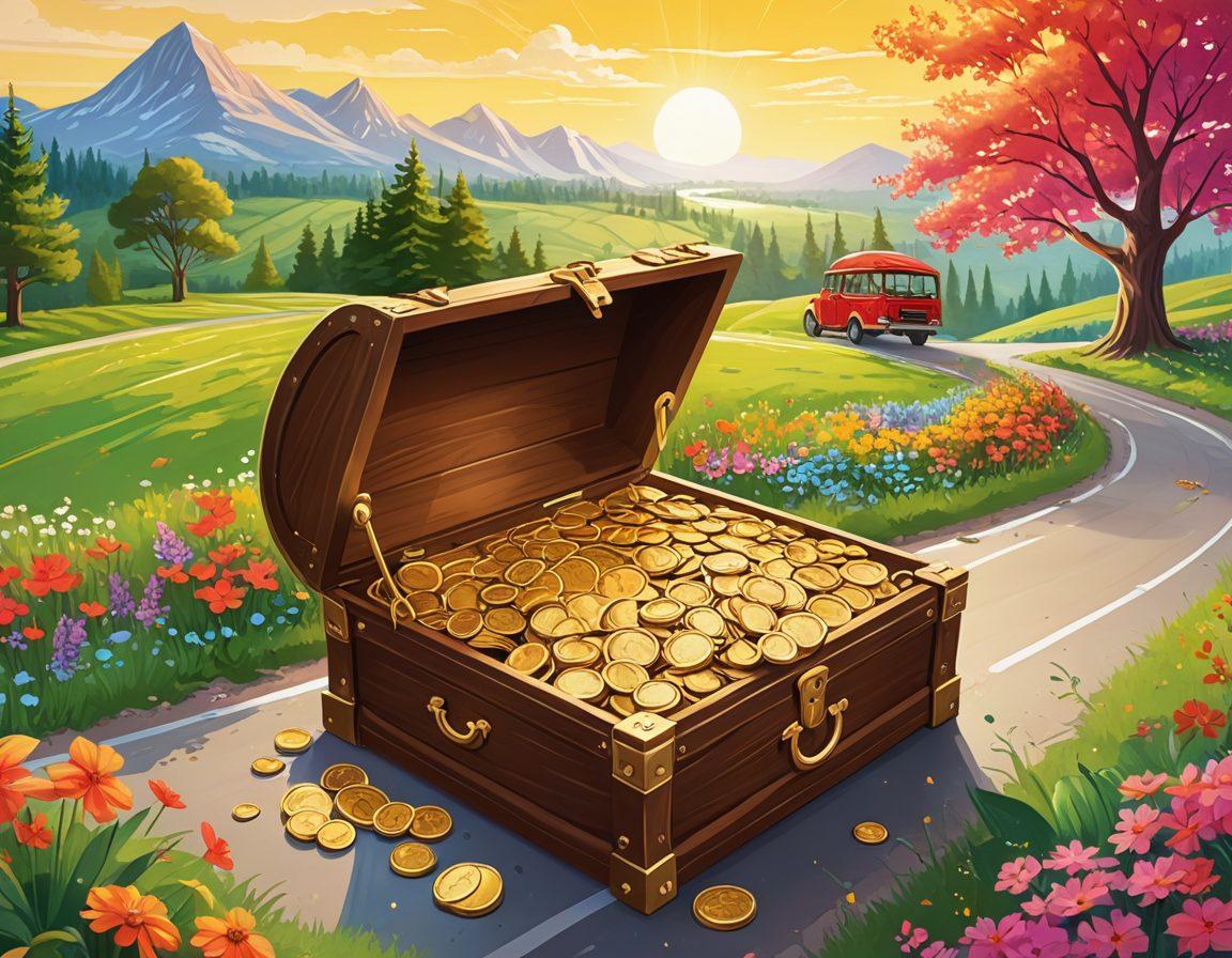 An open treasure chest overflowing with gold coins, symbolizing affordable auto insurance savings, with various car keys floating around it, representing coverage options. In the background, a road winds through a vibrant landscape, hinting at freedom and exploration. Bright, eye-catching colors to attract attention. vector art. vibrant colors.