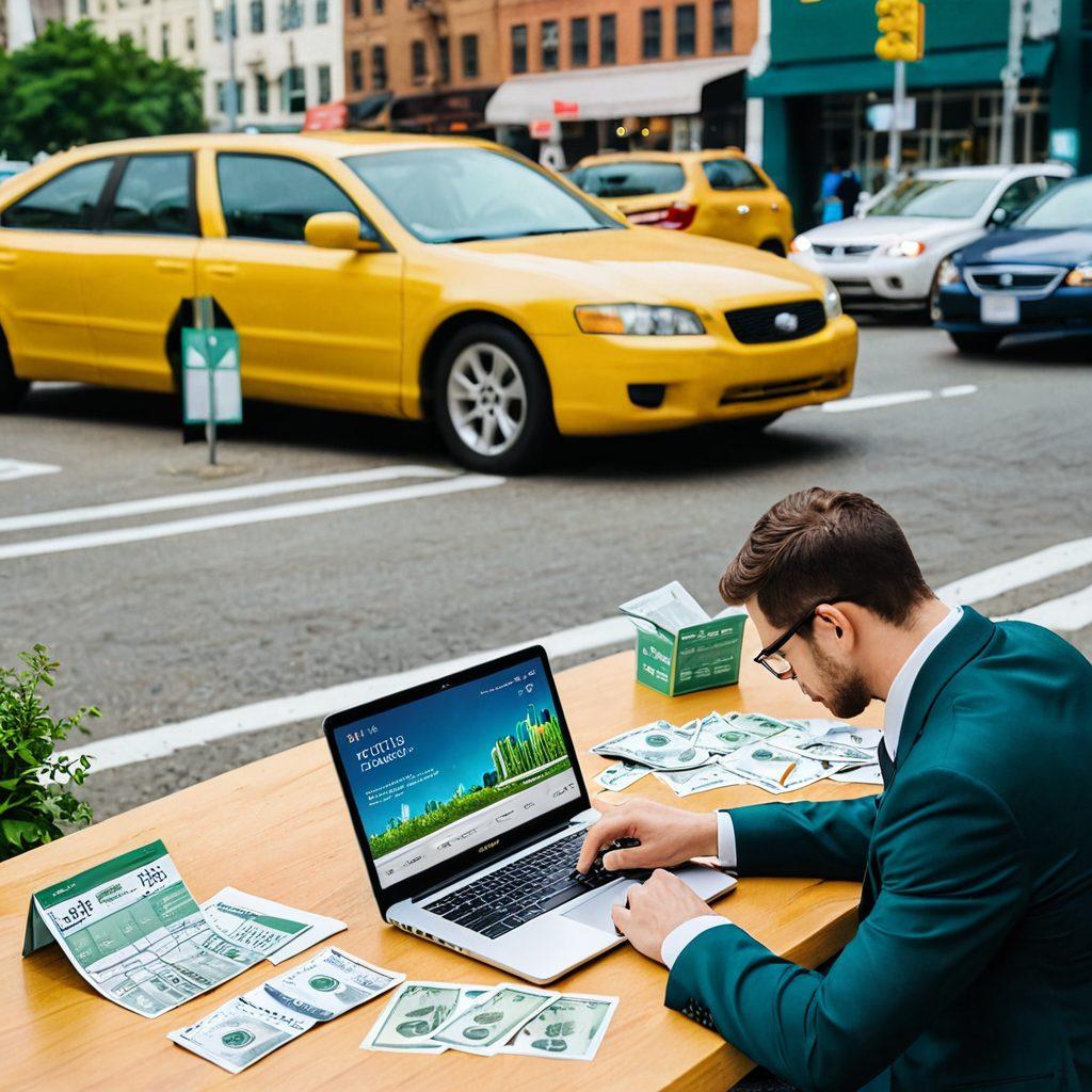 A split scene depicting a person comparing auto insurance quotes on a laptop with a calculator in hand, surrounded by floating dollar signs and discount tags. The background shows a cityscape with cars and a road, symbolizing the insurance theme. Add a vibrant color palette that represents savings and positivity, making it engaging and informative. super-realistic. vibrant colors.
